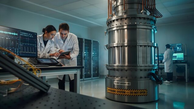 Cutting-edge quantum computing center with advanced processors, glowing quantum circuits, researchers analyzing complex calculations, futuristic scientific breakthrough concept