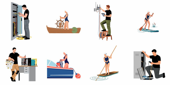 Set of vector illustrations featuring technicians working on server cabinets and women enjoying various boating and water sports activities.