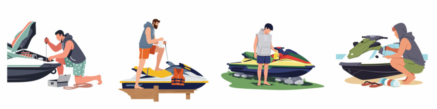 Set of illustrations showing men maintaining, cleaning, and preparing their personal watercraft or jet skis for water sports and summer activities.