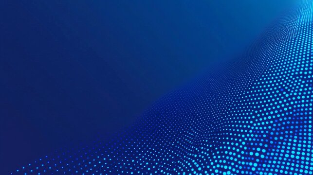 Abstract blue digital wave made of glowing bright light particles flowing across a dark background with a modern tech aesthetic