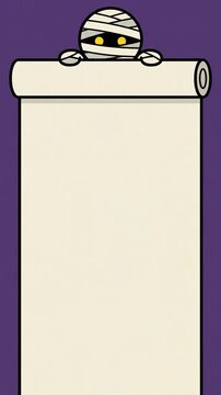 Vertical 2D animated cute Halloween mummy presenting a blank scroll copy space for social media story menus.
