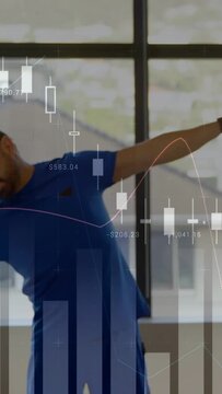 Vertical video: Man doing side-bend after arm touch, stretching for warmup, market chart overlaying