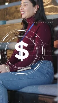 Vertical video: Finance attendee woman reacting to prompt, laughing while dollar HUD over notebook