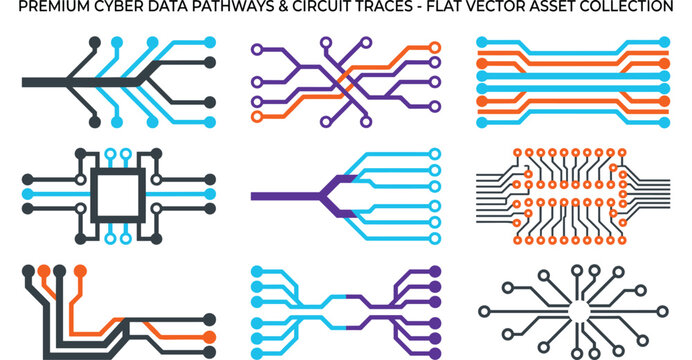Premium Cyber Data Pathways Set Featuring Colorful Electronic Circuit Traces Flat Motherboard Nodes Microchip Hardware and Abstract Tech Infrastructure Vector Elements