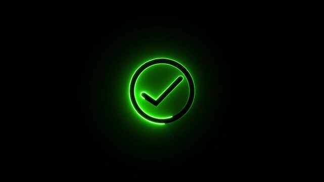 Neon checkmark icons in circles on black background glowing green