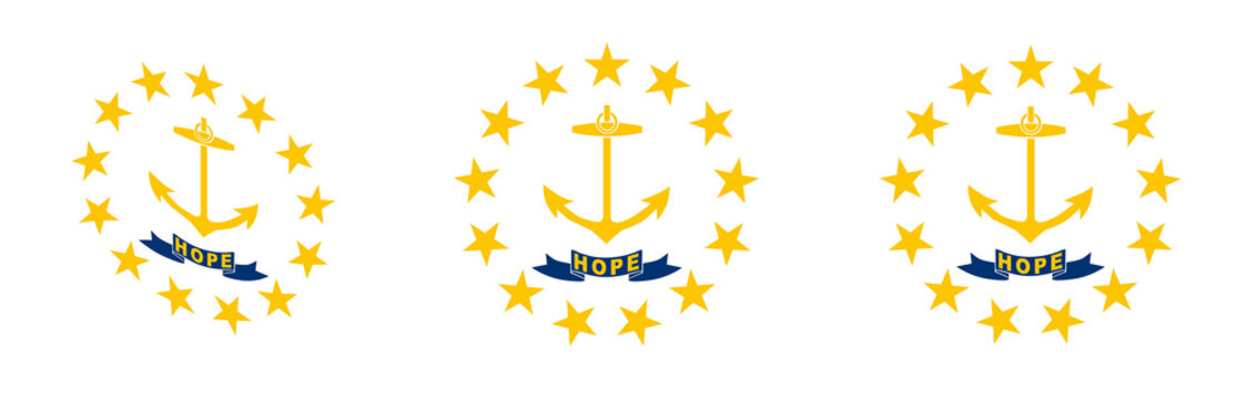 Rhode Island flags collection. Waving flag of Rhode Island, round flag in circle shape.