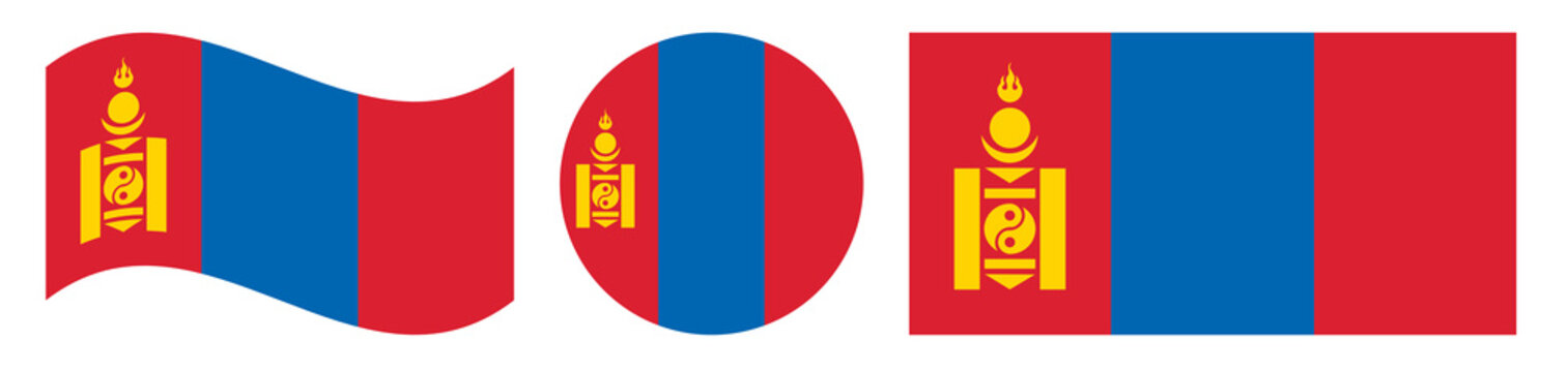 National Mongolia flag collection. Waving flag of Mongolia isolated, round flag in circle shape isolated.