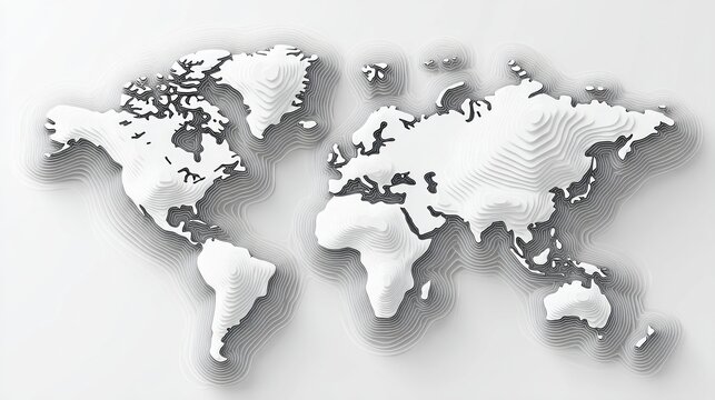 A detailed topographic rendering of the world map, in white, with shadow gradients and contour lines