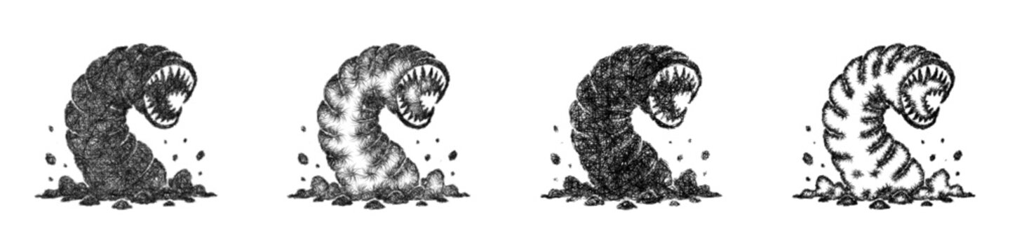 Monochrome sketch underground worm icon design set