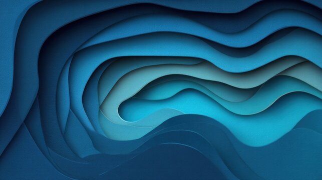 Layered blue paper cutout effect with curved, flowing lines creating depth and an abstract landscape