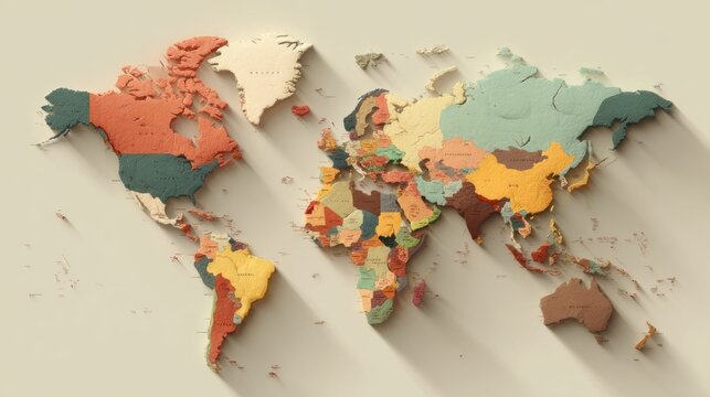 Colorful, textured world map projection with long shadows on a neutral background