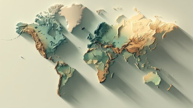 Raised relief world map, beige and blue tones, casting a long shadow on the surface