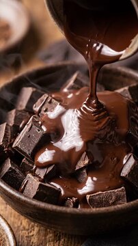 Melted dark chocolate pouring over creamy rich chocolate chunks in bowl creating sweet dessert food snack with smooth texture perfect for food lovers craving rich creamy snack
