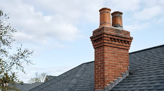 Red Brick Chimney on Roof in Residential Area, Outdoor Architecture Photography with Clear Sky View
