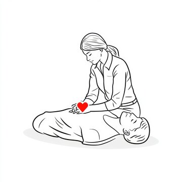 A person is shown performing chest compressions on an unresponsive individual on a flat surface. A red heart symbol is included.