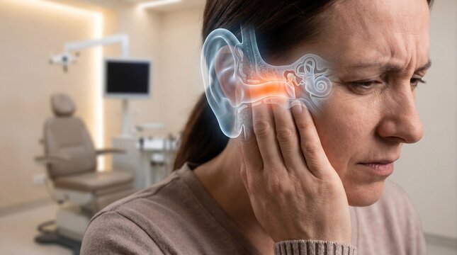Woman Suffering From Ear Pain With Inner Ear Anatomy Overlay and Otitis Concept