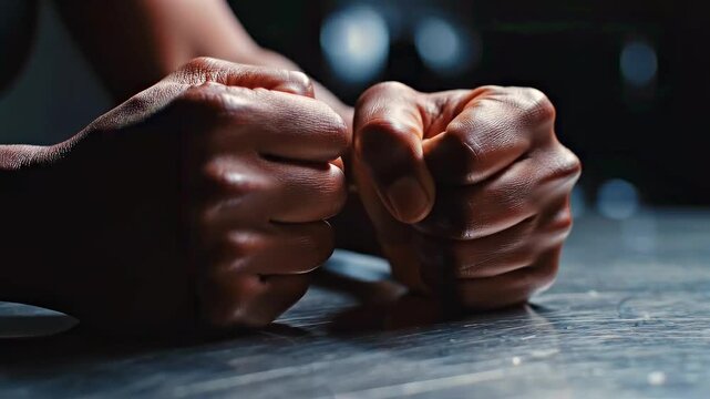 Clenched fists rest on metal table in dramatic close-up, showing tense body language, custody stress, interrogation pressure, anger control and psychological strain inside detention setting.