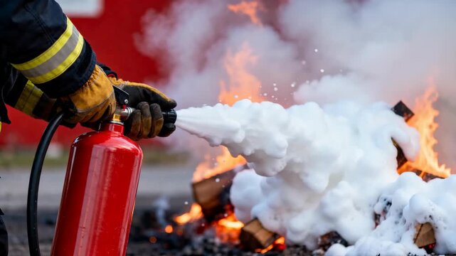 A close-up shot of a firefighter using a red fire extinguisher to suppress a burning wood fire.