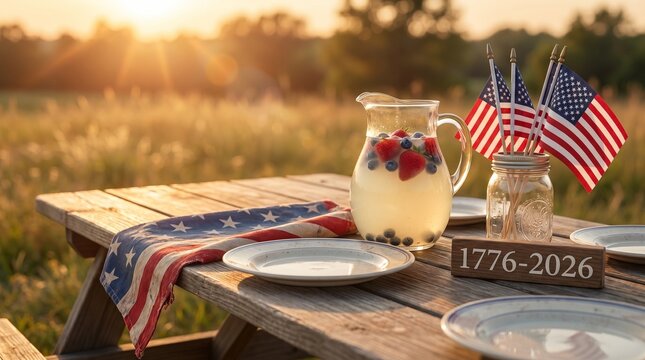 Patriotic picnic setting with lemonade and american flags on a wooden table at sunset for a 250th anniversary celebration of independence day in a rural field for a festive summer holiday gathering