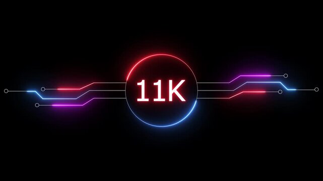 Neon social media followers or subscribers. Neon 11K celebration text animation background.  on a black background. and creating a stunning 4k video.
