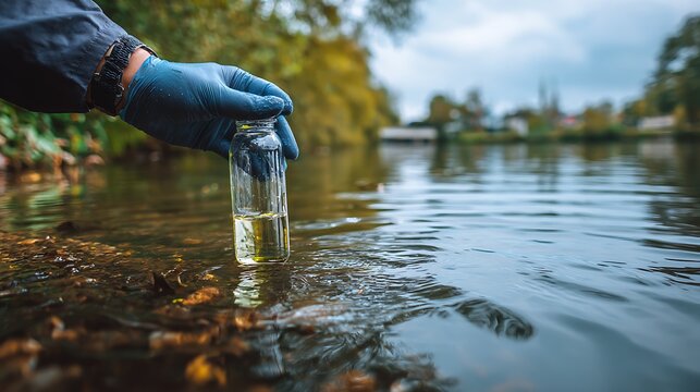 Scientist taking water sample from a river to test for pollution and environmental quality.
