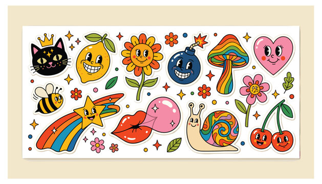 Retro psychedelic groovy sticker pack vector illustration sheet featuring funny cartoon characters isolated on cream background