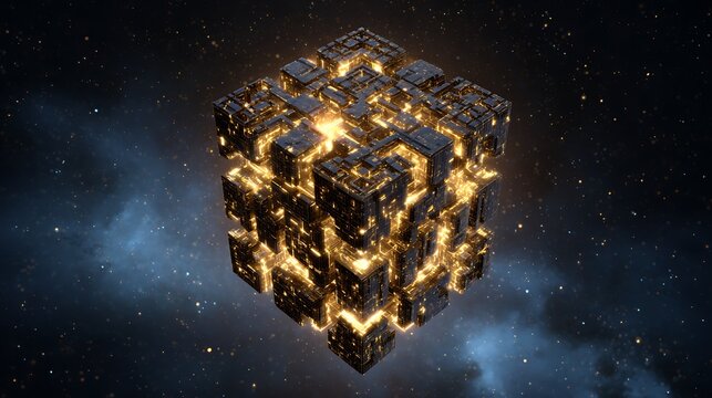 Abstract futuristic cube with glowing golden light in deep space.