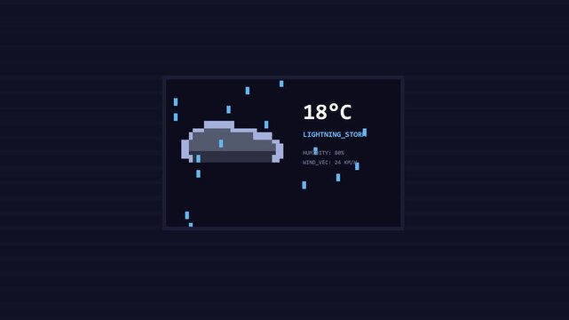 Pixel Art Weather App UI With Storm Cloud And Rain Animation