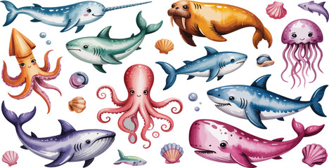 Cute watercolor collection of sea animals including sharks, whales, and octopus for kids design © MDTOFIZUL