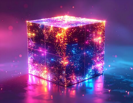 A vibrant, glowing cube with neon colors and starry effects