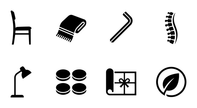 Minimalist Icons: Chair, Scarf, Allen Key, Spine, Lamp, Macarons, Gift Wrap, Eco Leaf