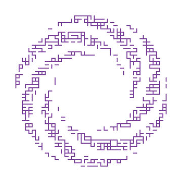 Purple geometric shapes, pixel art circle, abstract design elements, digital illustration