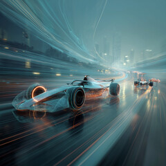Naklejka premium Futuristic wireframe race car with cyan light trails on wet circuit