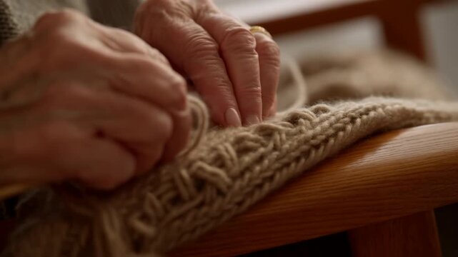Elderly hands adjusting loose yarn on chunky cable knit draped over wooden chair arm in warm