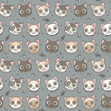 Seamless pattern of cat heads with fishes and paw prints on a gray background. Vector illustration. Cute cats series. 
