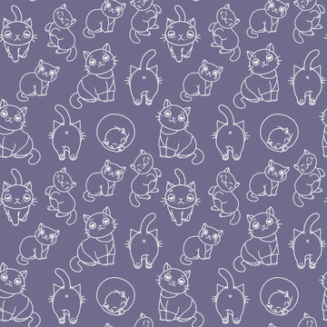 Seamless pattern of cats drawn with white lines on a  violet background. Vector illustration. Cute cats series.