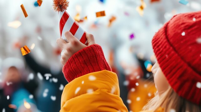 A person in a red beanie and yellow jacket holds a festive party hat as confetti falls, capturing a celebration in cold weather.