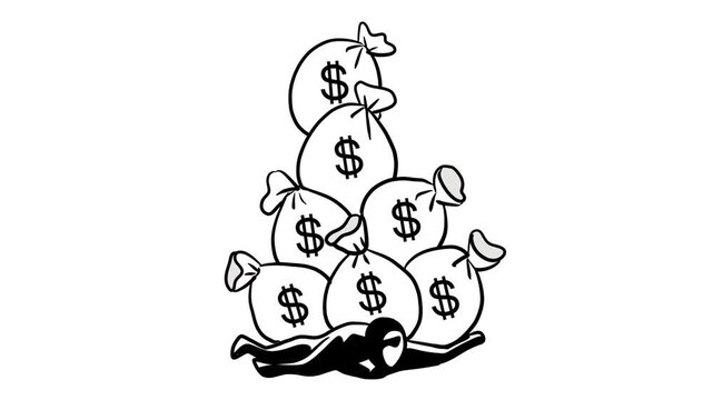 Animated loop of a businessman struggling under a heavy stack of falling dollar money bags, representing rising inflation