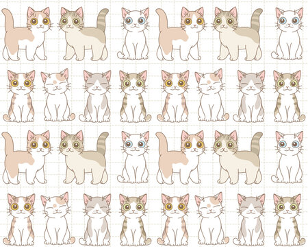 Light pastel colored seamless pattern with cute cartoon cats. Vector illustration. Cute cats series.