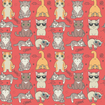 Seamless pattern of cute cartoon cats on a red background. Vector illustration. Cute cats series.