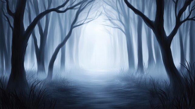 A misty forest features tall, leafless trees and a shadowy path leading toward a bright foggy light in the distance, all enveloped in a dark blue color palette.