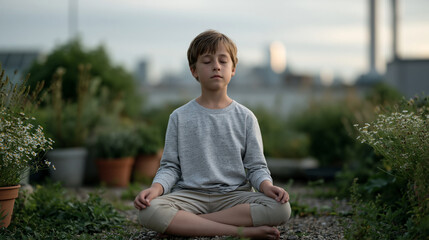 Fototapeta premium Young boy in lotus position on industrial rooftop garden at sunrise, city skyline soft behind him, eyes shut, breathing steady amid potted wildflowers, perfect for kids