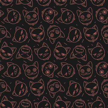 Funny dark kitten emotions seamless pattern with various facial expressions, vector line art of cute bad cats. Cute cats series. 