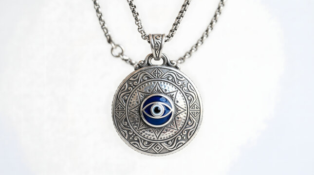Silver amulet pendant with a blue glass evil eye charm on a white background. AI generated.