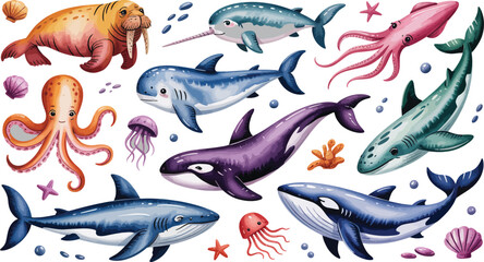 Charming watercolor illustration set featuring various sea creatures and marine life for kids © MDTOFIZUL