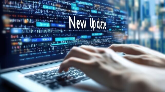Hands typing on a laptop keyboard with a screen showcasing "New Update" and lines of code.