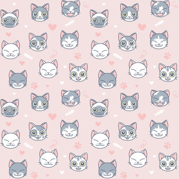 Seamless pattern of cat faces in pastel colors on a  pink background. Vector illustration. Cute cats series. You can find more like this in my collection Cute Cats.
