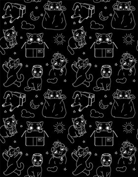 Seamless pattern of funny cats drawn with white lines on a black background. Vector illustration. Cute cats series.