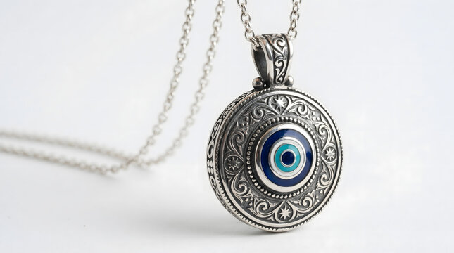 Silver amulet pendant with a blue glass evil eye charm on a white background. AI generated.