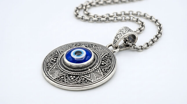 Silver amulet pendant with a blue glass evil eye charm on a white background. AI generated.
